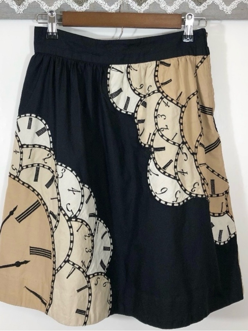 Anthropologie Black and Beige Clock-Print A-Line Skirt